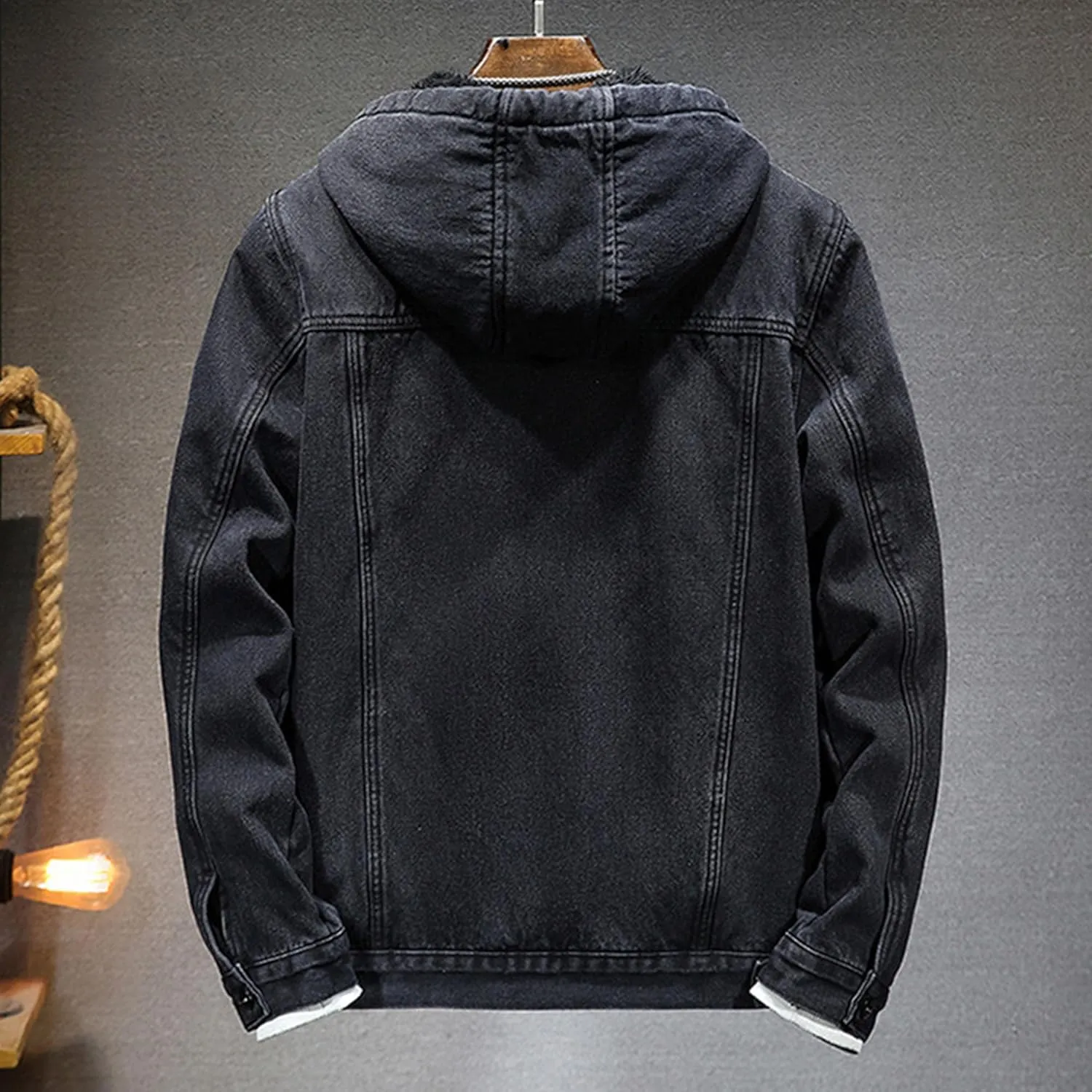 Men's Fleece Lined Denim Hoodie Jacket Casual Long Sleeve Button Down Trucker Coat Warm Winter Hooded Jackets