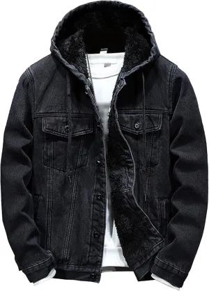 Men's Fleece Lined Denim Hoodie Jacket Casual Long Sleeve Button Down Trucker Coat Warm Winter Hooded Jackets