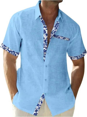 Mens Hawaiian Shirts Short Sleeve Cotton Linen Button Down Shirt Summer Causal Loose Floral Patchwork Shirt 2023
