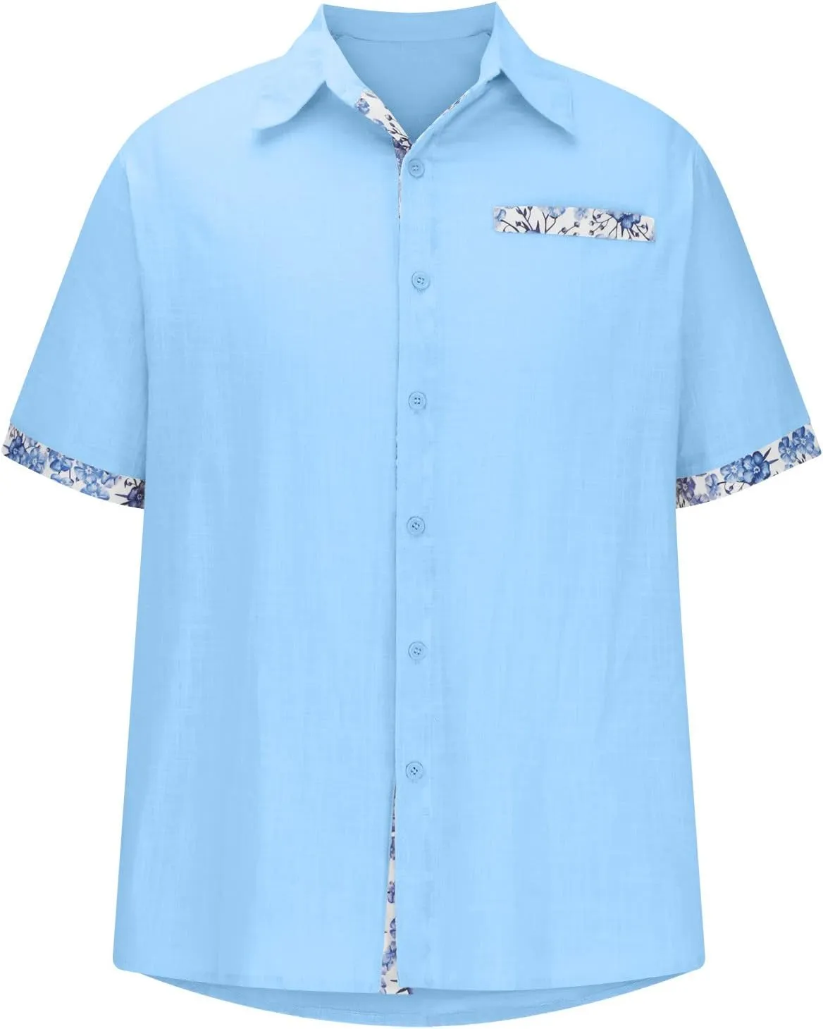 Mens Hawaiian Shirts Short Sleeve Cotton Linen Button Down Shirt Summer Causal Loose Floral Patchwork Shirt 2023