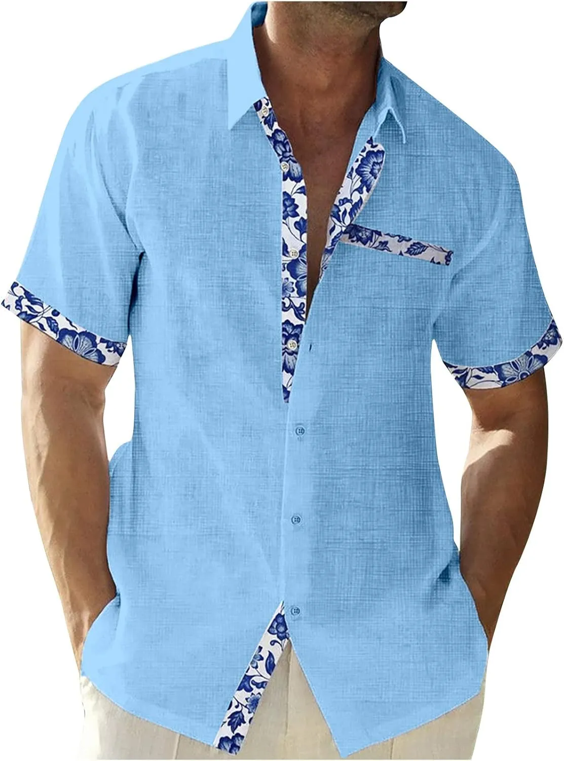Mens Hawaiian Shirts Short Sleeve Cotton Linen Button Down Shirt Summer Causal Loose Floral Patchwork Shirt 2023