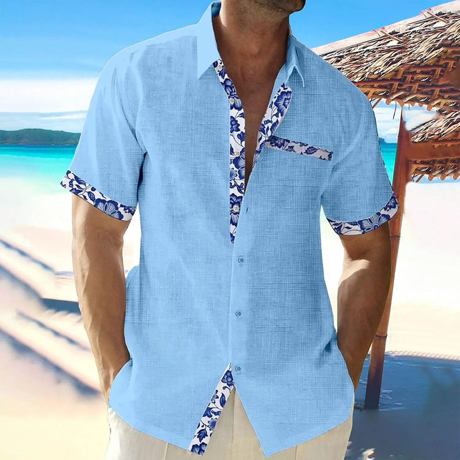 Mens Hawaiian Shirts Short Sleeve Cotton Linen Button Down Shirt Summer Causal Loose Floral Patchwork Shirt 2023