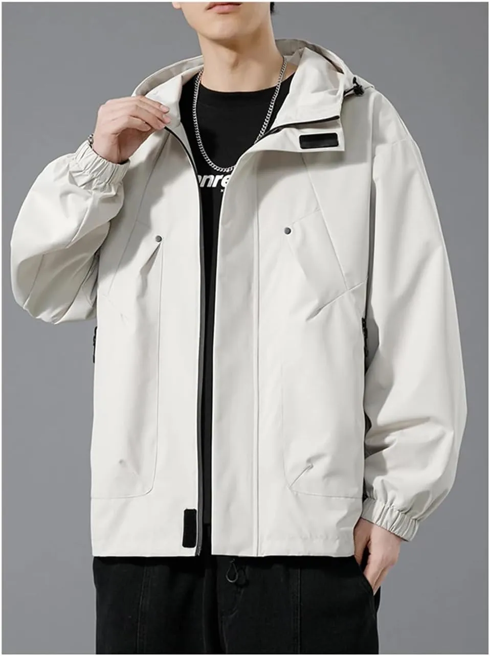 Men's Jacket Large Size Black Bomber Jacket Camping Hooded Loose Warm Jacket
