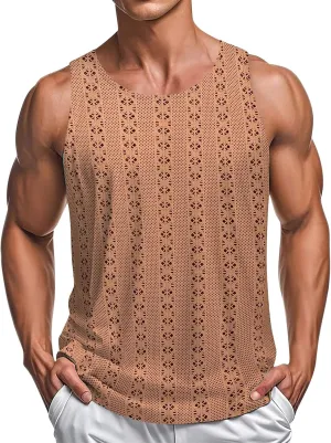 Men's Knit Hollow Out Beach Vacation Tank Tops, Sleeve Comfy Breathable Workout Training Shirts Summer Trendy Tees