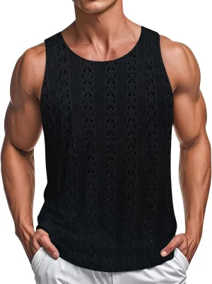 Men's Knit Hollow Out Beach Vacation Tank Tops, Sleeve Comfy Breathable Workout Training Shirts Summer Trendy Tees