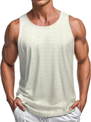 Men's Knit Hollow Out Beach Vacation Tank Tops, Sleeve Comfy Breathable Workout Training Shirts Summer Trendy Tees