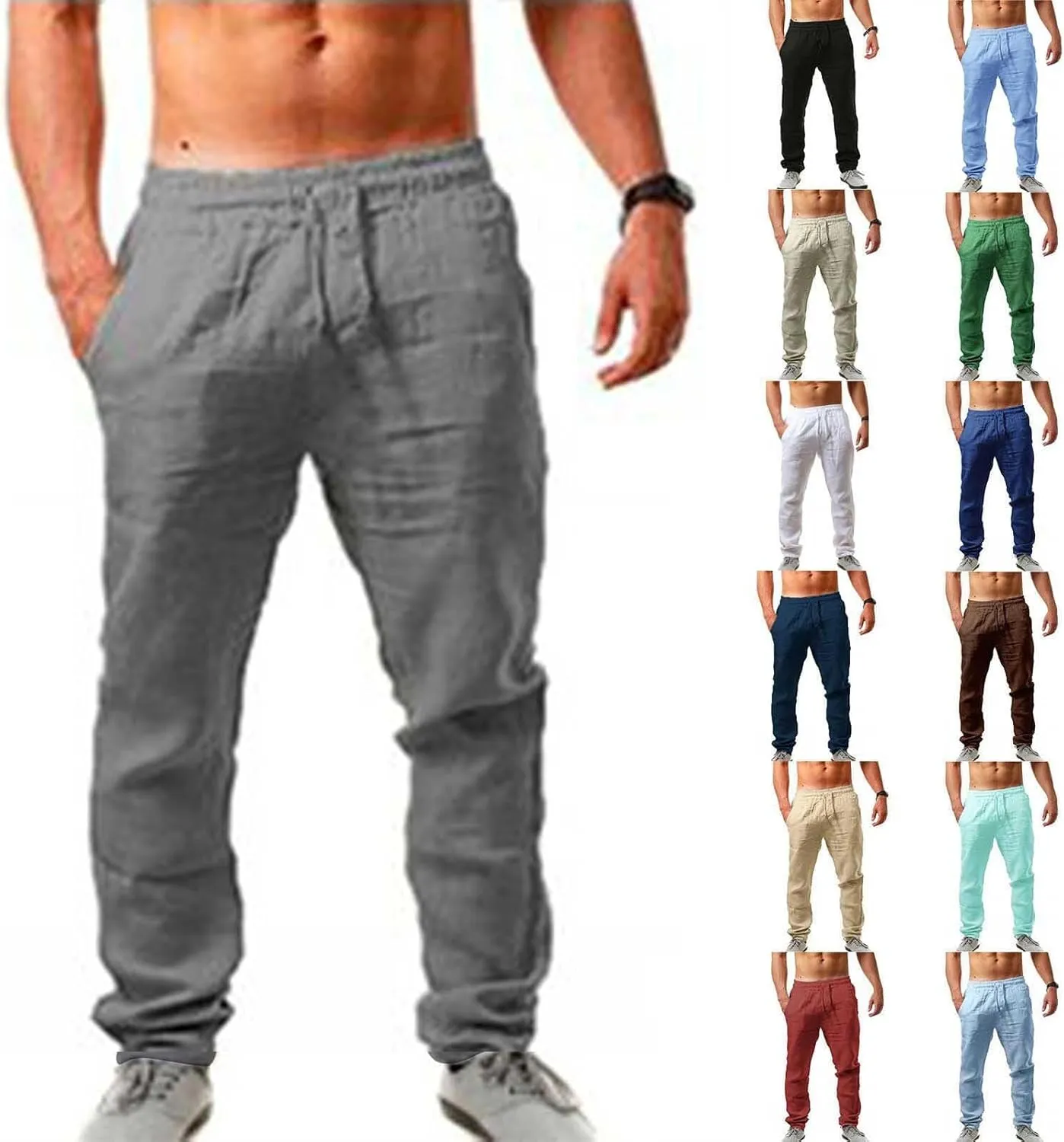 Mens Linen Beach Pants Solid Vacation Summer Slacks Open Bottom Casual Elastic Waist Drawstring Trousers with Pockets