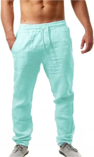 Mens Linen Beach Pants Solid Vacation Summer Slacks Open Bottom Casual Elastic Waist Drawstring Trousers with Pockets