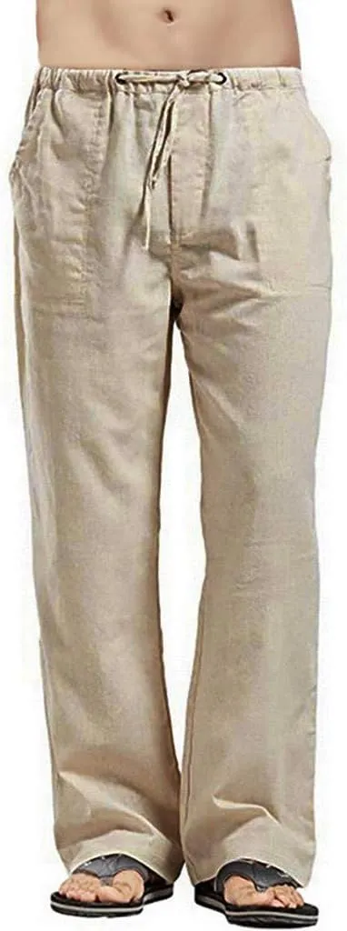 Mens Linen Harem Drawstring Plaid Pants Casual Elastic Waist Lightweight Loose Trouser Hippie Summer Beach Yoga Pant