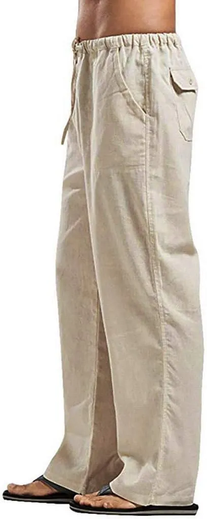 Mens Linen Harem Drawstring Plaid Pants Casual Elastic Waist Lightweight Loose Trouser Hippie Summer Beach Yoga Pant