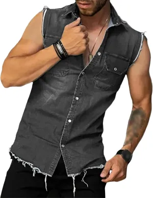 Men's Muscle Denim Vest Frayed Hem Button Down Sleeveless Jean Vest Vintage Slim Fit Motorcycle Vests Jacket