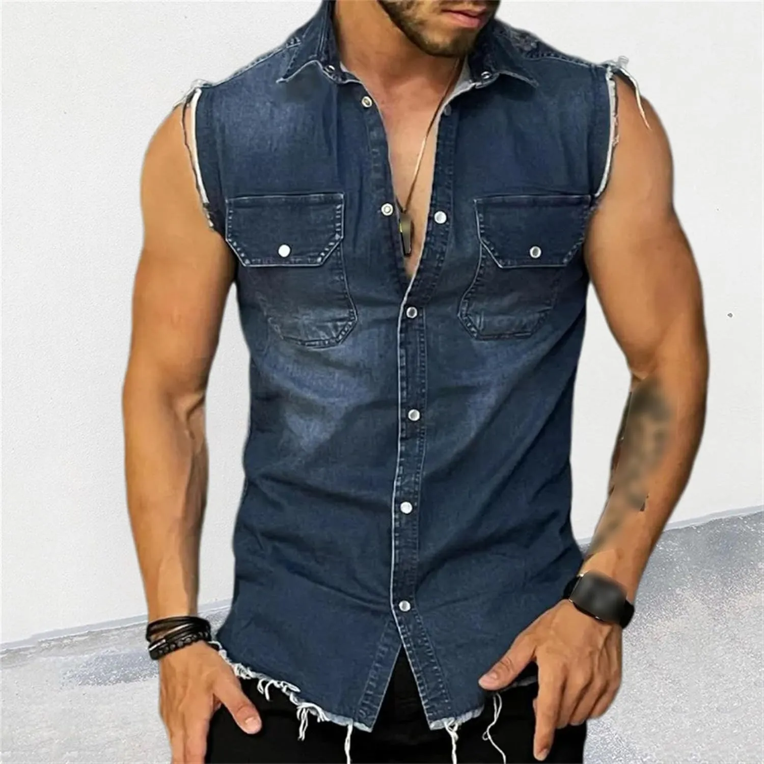 Men's Muscle Denim Vest Frayed Hem Button Down Sleeveless Jean Vest Vintage Slim Fit Motorcycle Vests Jacket