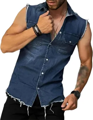 Men's Muscle Denim Vest Frayed Hem Button Down Sleeveless Jean Vest Vintage Slim Fit Motorcycle Vests Jacket