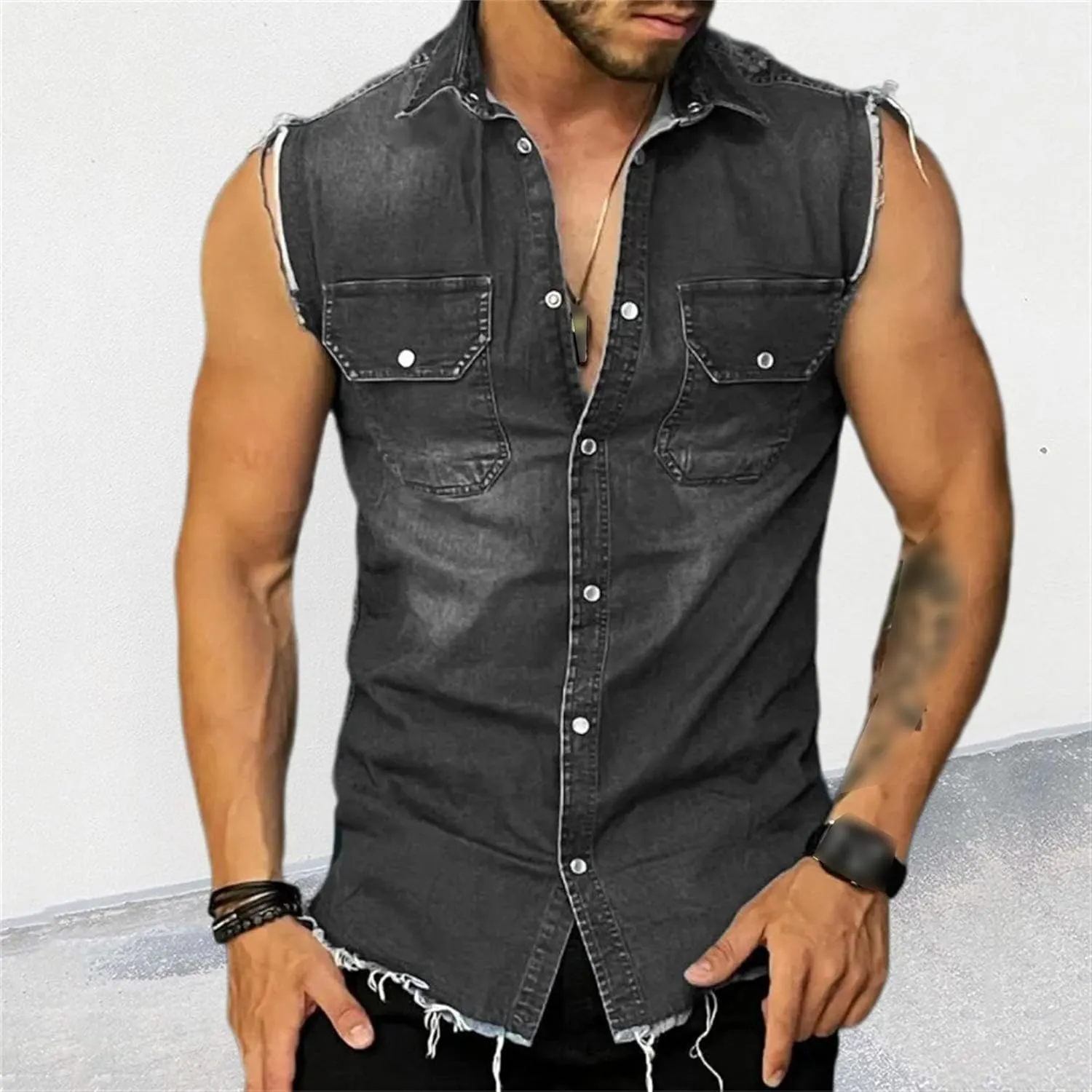 Men's Muscle Denim Vest Frayed Hem Button Down Sleeveless Jean Vest Vintage Slim Fit Motorcycle Vests Jacket