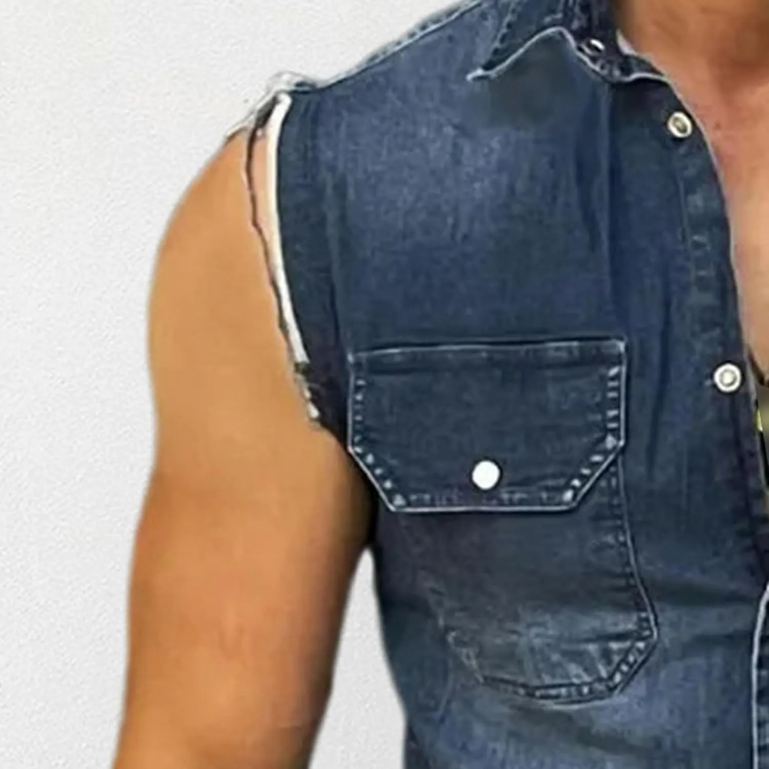 Men's Muscle Denim Vest Frayed Hem Button Down Sleeveless Jean Vest Vintage Slim Fit Motorcycle Vests Jacket