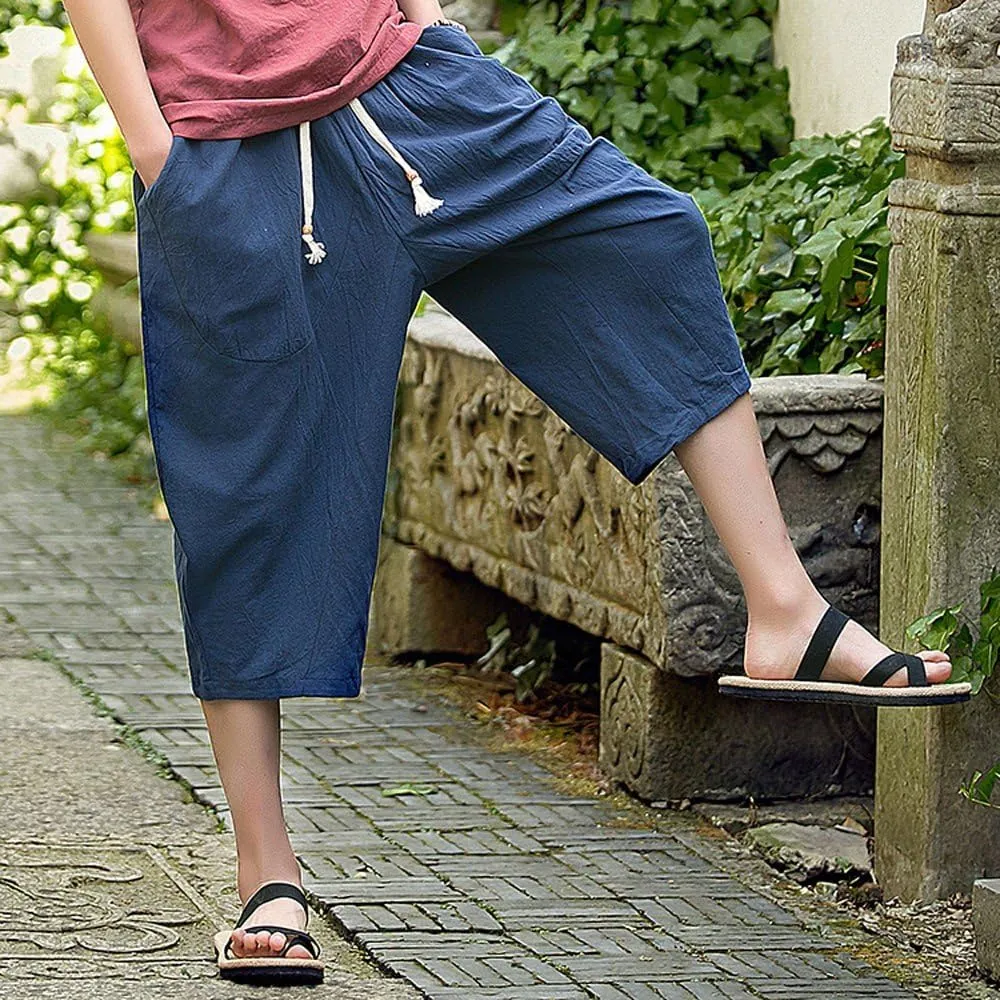 Men's Pants Relaxed Fit Wide Leg Baggy Pants Mens Summer Cotton Linen Capri Trousers Comfy Plus Size Casual Gym Pants