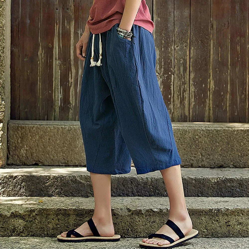 Men's Pants Relaxed Fit Wide Leg Baggy Pants Mens Summer Cotton Linen Capri Trousers Comfy Plus Size Casual Gym Pants
