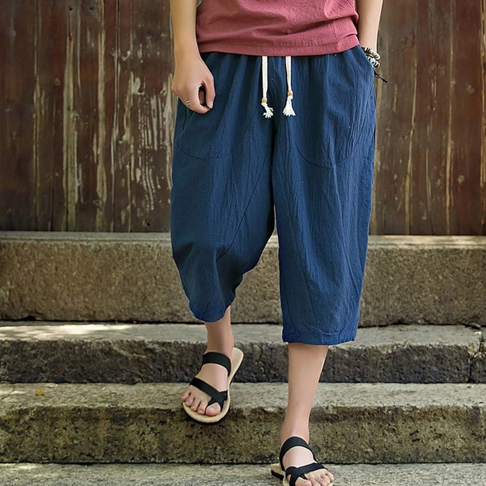 Men's Pants Relaxed Fit Wide Leg Baggy Pants Mens Summer Cotton Linen Capri Trousers Comfy Plus Size Casual Gym Pants