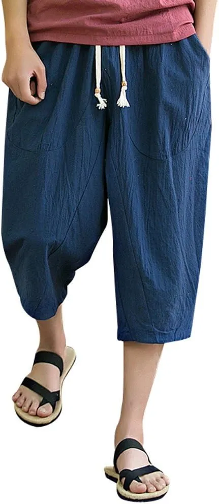 Men's Pants Relaxed Fit Wide Leg Baggy Pants Mens Summer Cotton Linen Capri Trousers Comfy Plus Size Casual Gym Pants