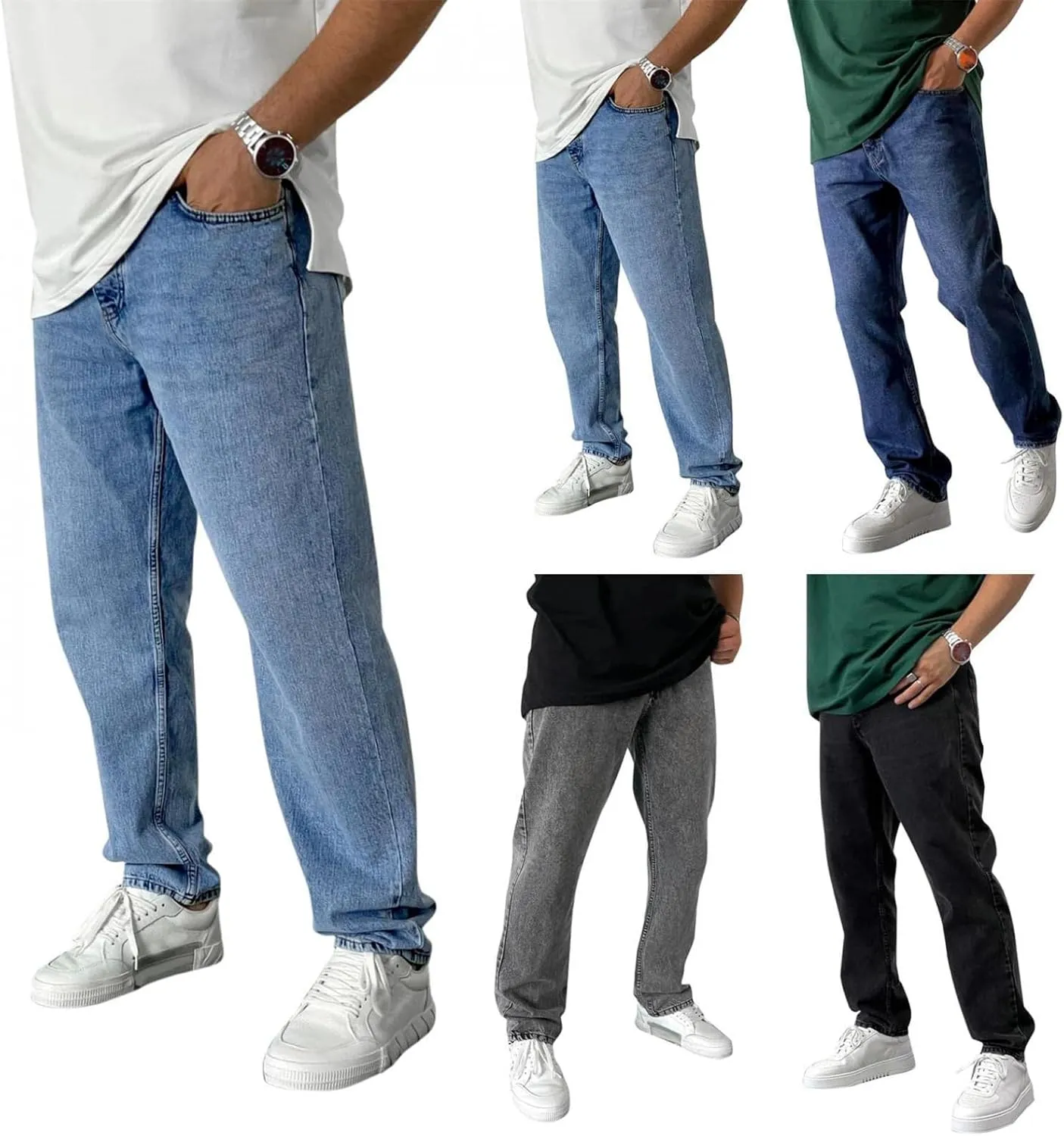 Men's Relaxed Fit Flex Jeans Solid Classic Regular Straight Leg Jean Casual Loose Fit Trousers with Pockets for Daily