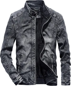 Men's Retro Cotton Denim Jacket Zip Up Long Sleeve Fleece Lined Trucker Jacket Fashion Slim Sherpa Trucker Jacket