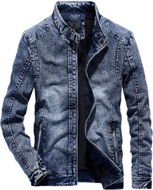 Men's Retro Cotton Denim Jacket Zip Up Long Sleeve Fleece Lined Trucker Jacket Fashion Slim Sherpa Trucker Jacket