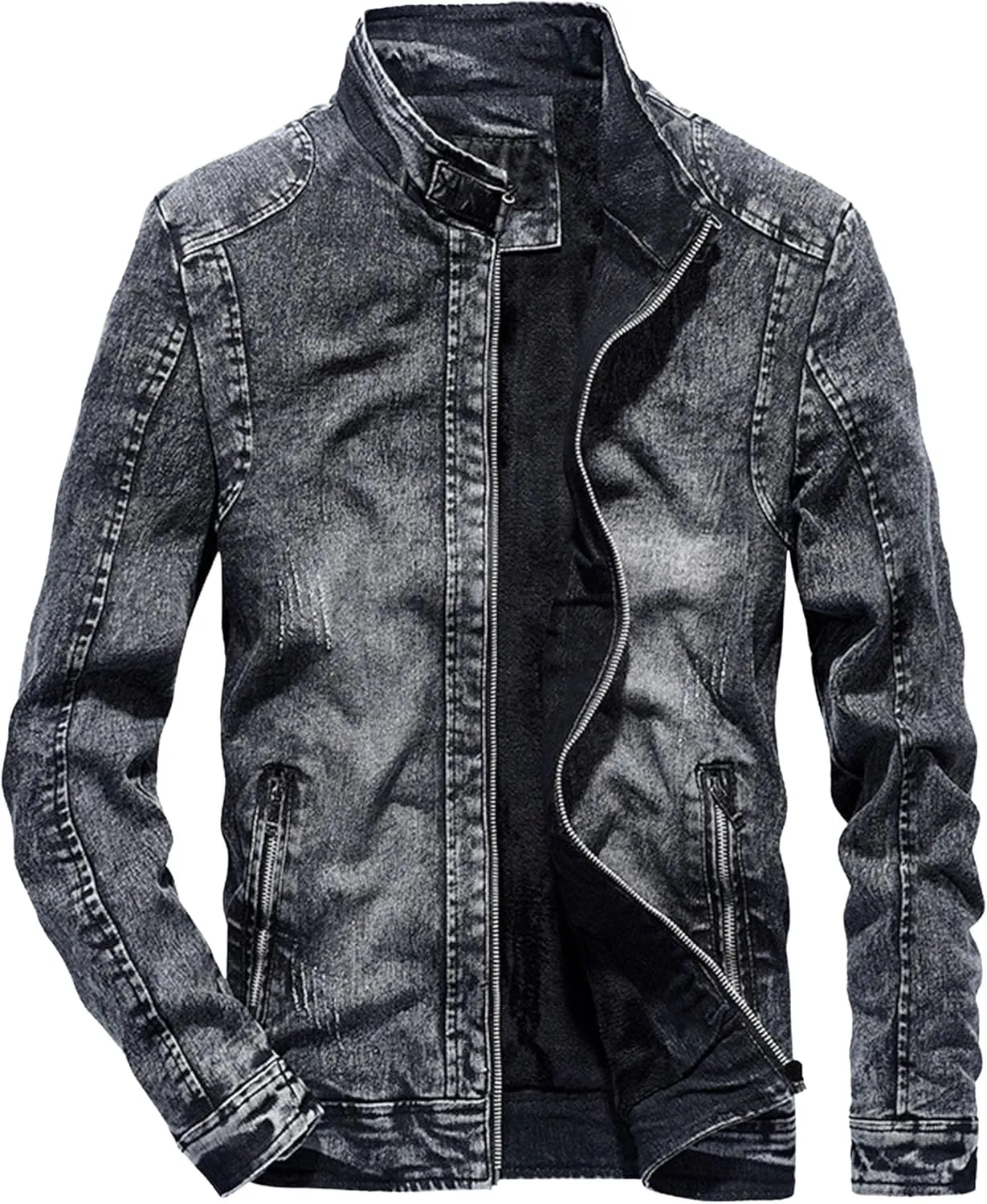 Men's Retro Cotton Denim Jacket Zip Up Long Sleeve Fleece Lined Trucker Jacket Fashion Slim Sherpa Trucker Jacket