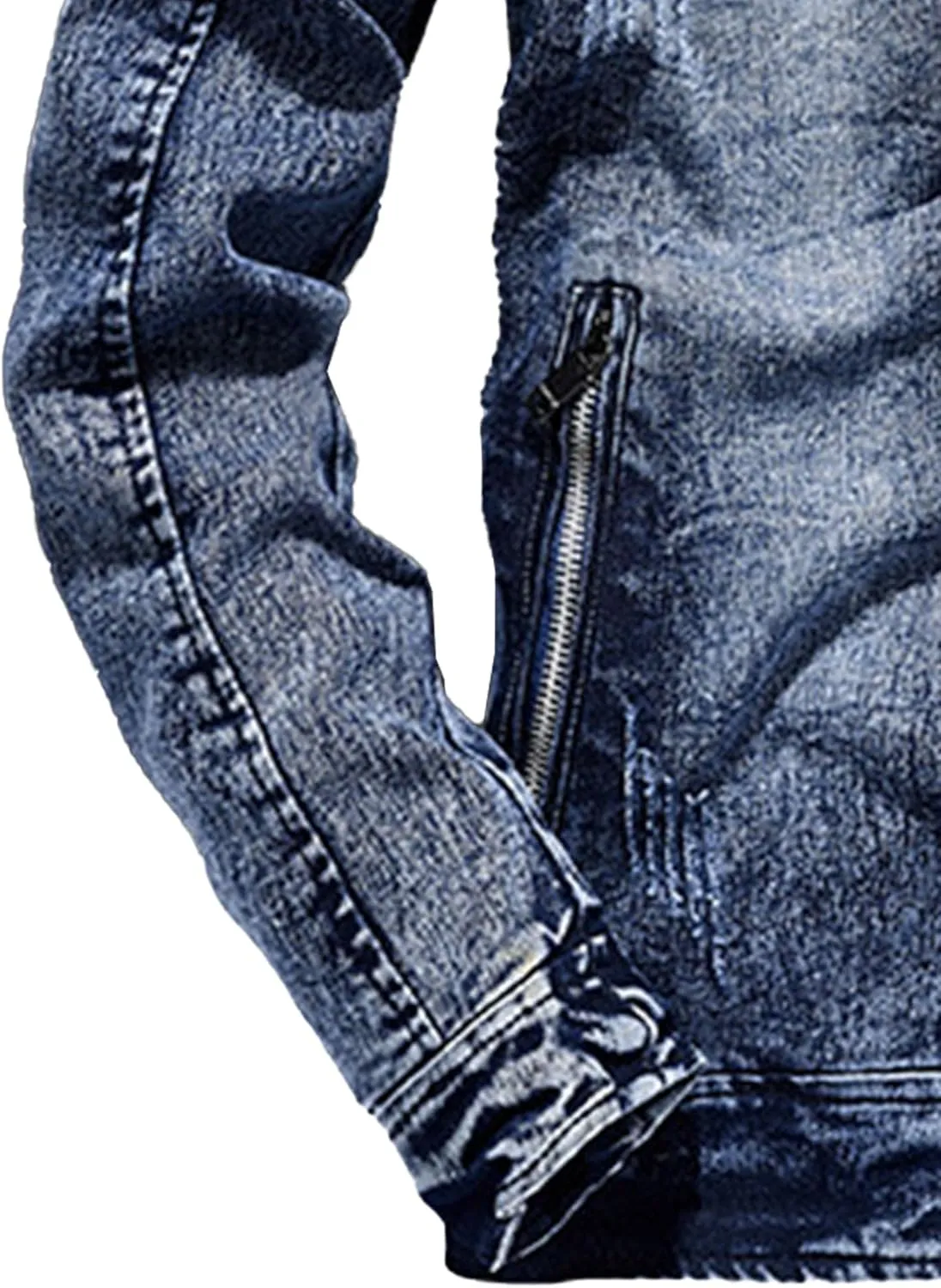 Men's Retro Cotton Denim Jacket Zip Up Long Sleeve Fleece Lined Trucker Jacket Fashion Slim Sherpa Trucker Jacket