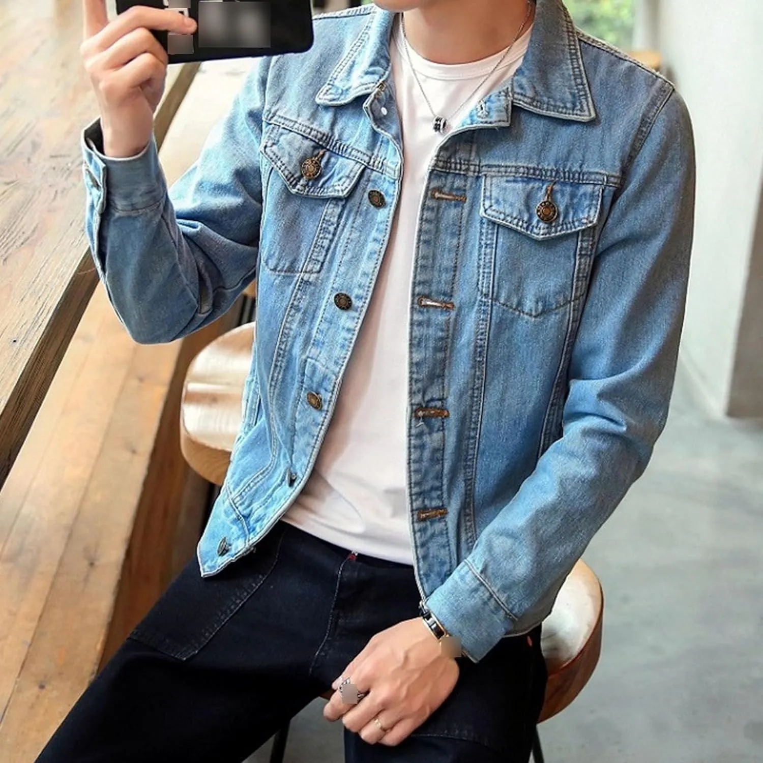 Men's Slim Fit Denim Jacket Long Sleeve Button Down Lapel Jean Jacket Distressed Casual Trucker Coat