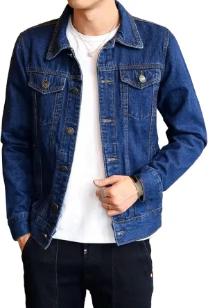Men's Slim Fit Denim Jacket Long Sleeve Button Down Lapel Jean Jacket Distressed Casual Trucker Coat