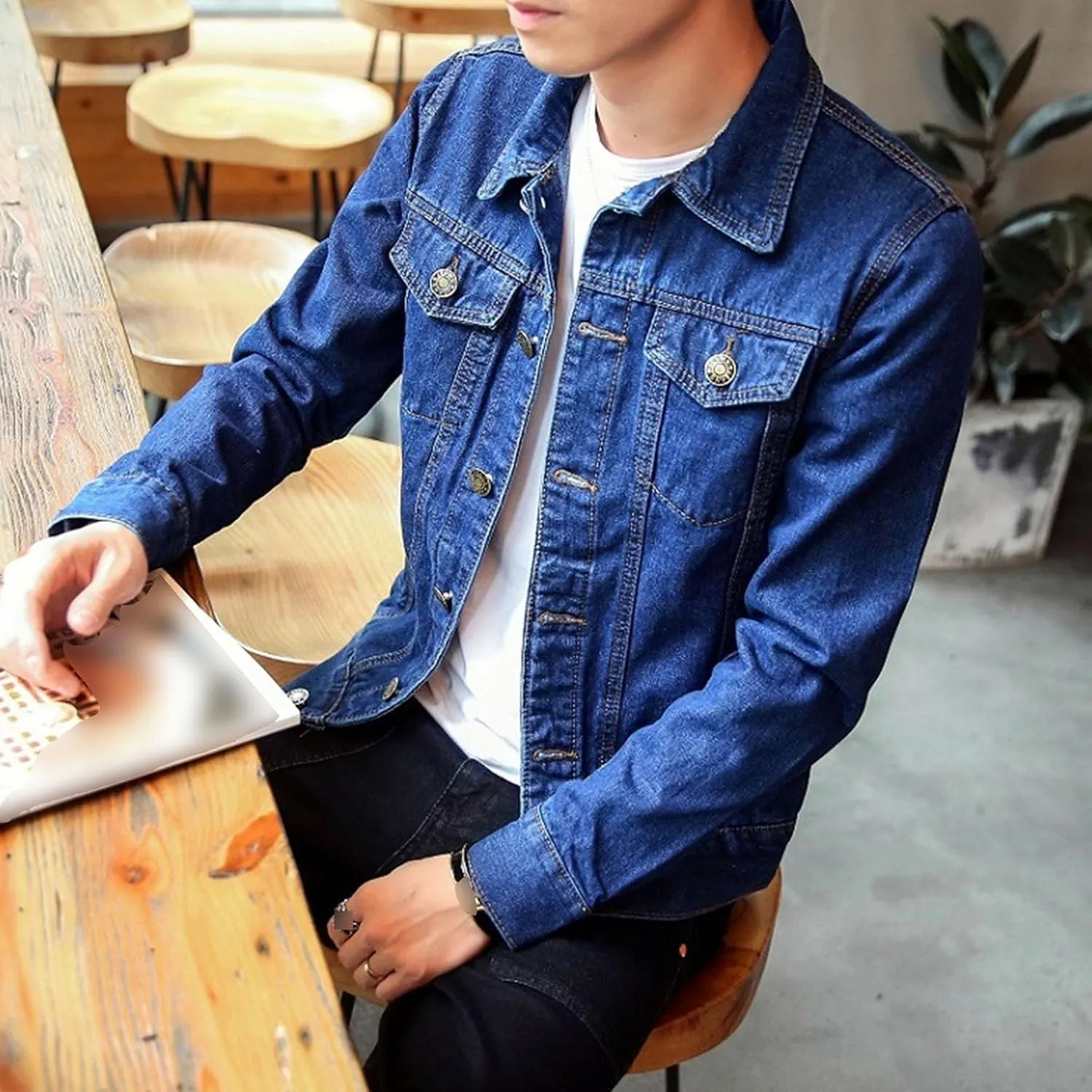 Men's Slim Fit Denim Jacket Long Sleeve Button Down Lapel Jean Jacket Distressed Casual Trucker Coat