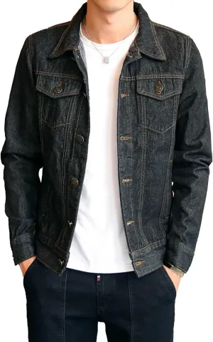 Men's Slim Fit Denim Jacket Long Sleeve Button Down Lapel Jean Jacket Distressed Casual Trucker Coat