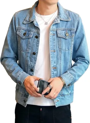 Men's Slim Fit Denim Jacket Long Sleeve Button Down Lapel Jean Jacket Distressed Casual Trucker Coat