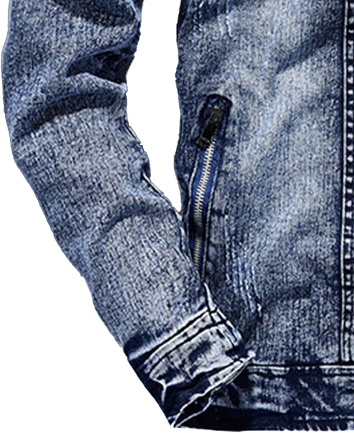 Mens Slim Fit Denim Jacket Retro Zip Up Stand Collar Trucker Jacket Long Sleeve Distressed Jean Motorcycle Jacket