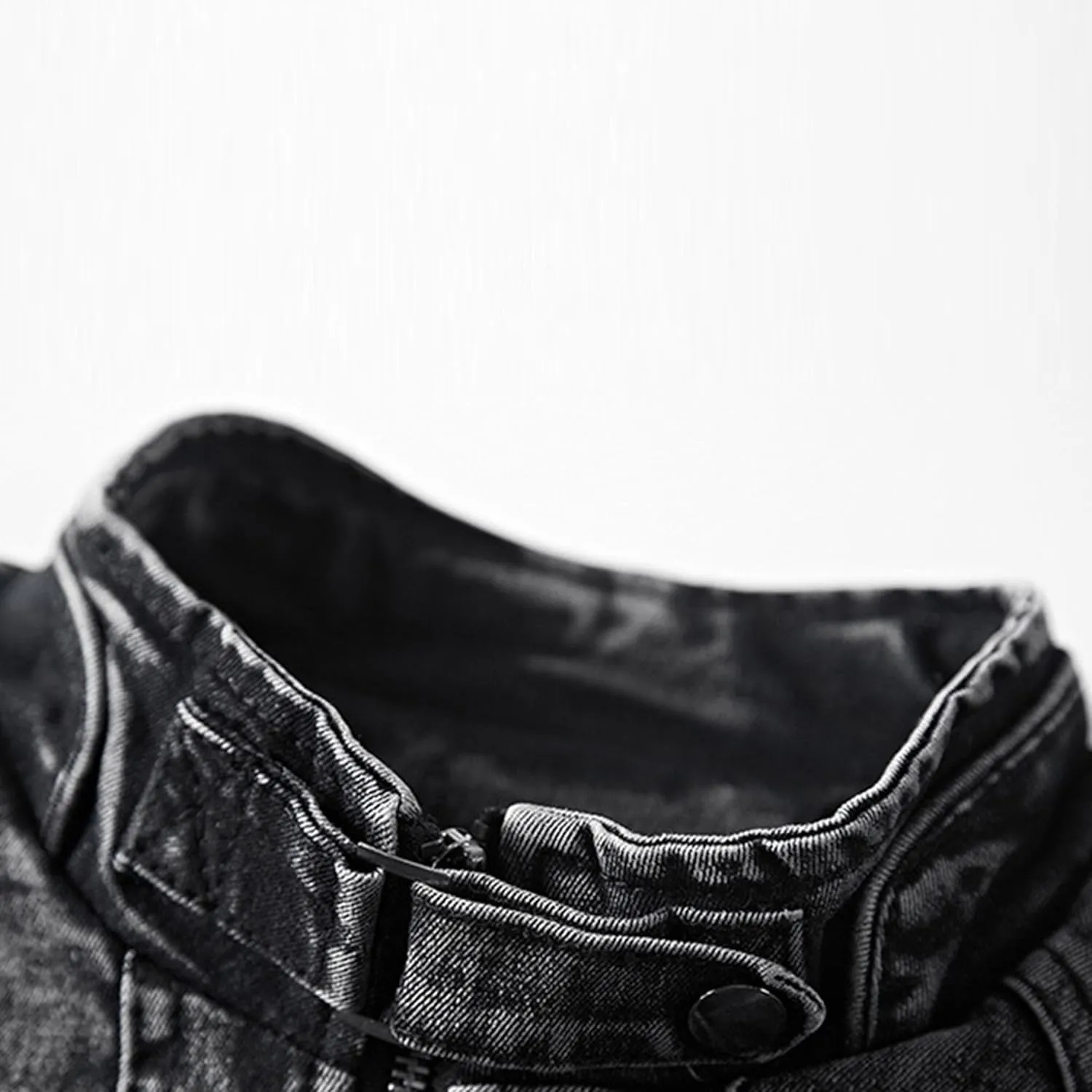 Mens Slim Fit Denim Jacket Retro Zip Up Stand Collar Trucker Jacket Long Sleeve Distressed Jean Motorcycle Jacket