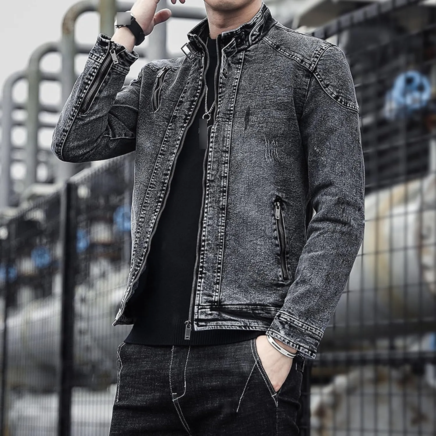 Mens Slim Fit Denim Jacket Retro Zip Up Stand Collar Trucker Jacket Long Sleeve Distressed Jean Motorcycle Jacket