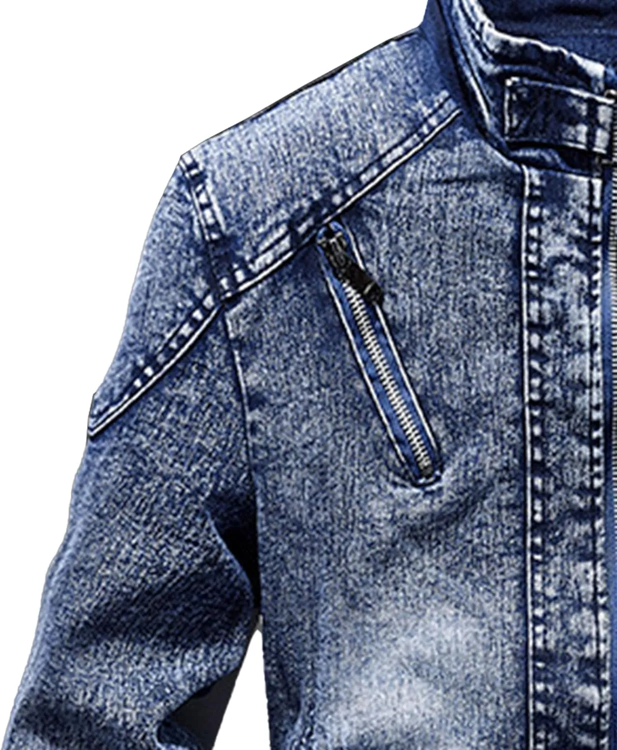 Mens Slim Fit Denim Jacket Retro Zip Up Stand Collar Trucker Jacket Long Sleeve Distressed Jean Motorcycle Jacket