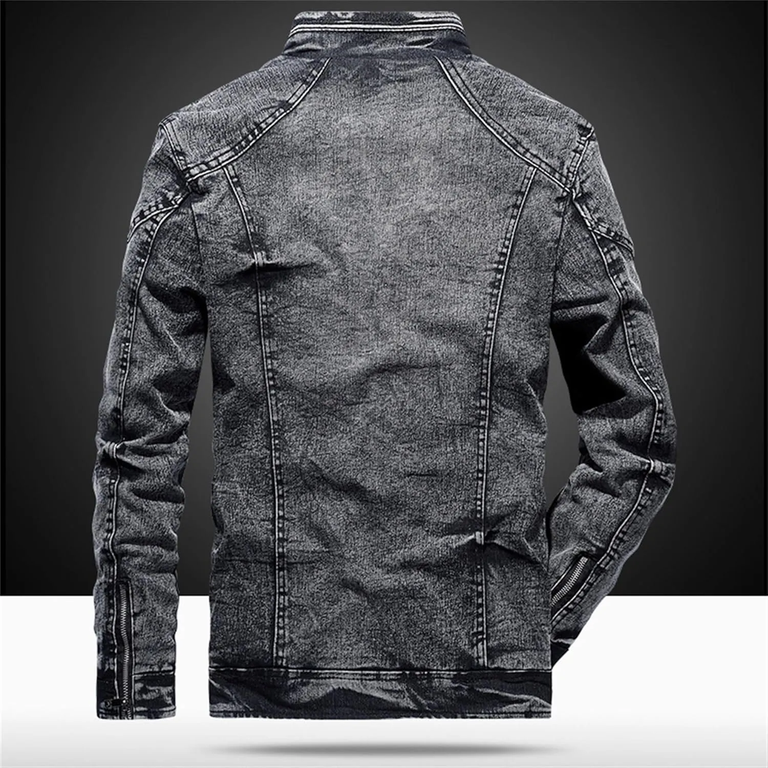Mens Slim Fit Denim Jacket Retro Zip Up Stand Collar Trucker Jacket Long Sleeve Distressed Jean Motorcycle Jacket