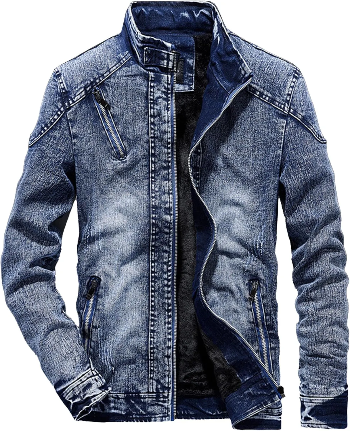 Mens Slim Fit Denim Jacket Retro Zip Up Stand Collar Trucker Jacket Long Sleeve Distressed Jean Motorcycle Jacket
