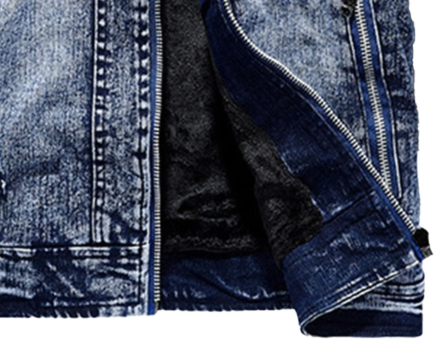 Mens Slim Fit Denim Jacket Retro Zip Up Stand Collar Trucker Jacket Long Sleeve Distressed Jean Motorcycle Jacket
