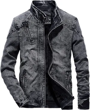 Mens Slim Fit Denim Jacket Retro Zip Up Stand Collar Trucker Jacket Long Sleeve Distressed Jean Motorcycle Jacket