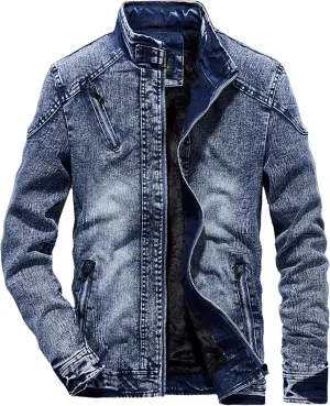 Mens Slim Fit Denim Jacket Retro Zip Up Stand Collar Trucker Jacket Long Sleeve Distressed Jean Motorcycle Jacket
