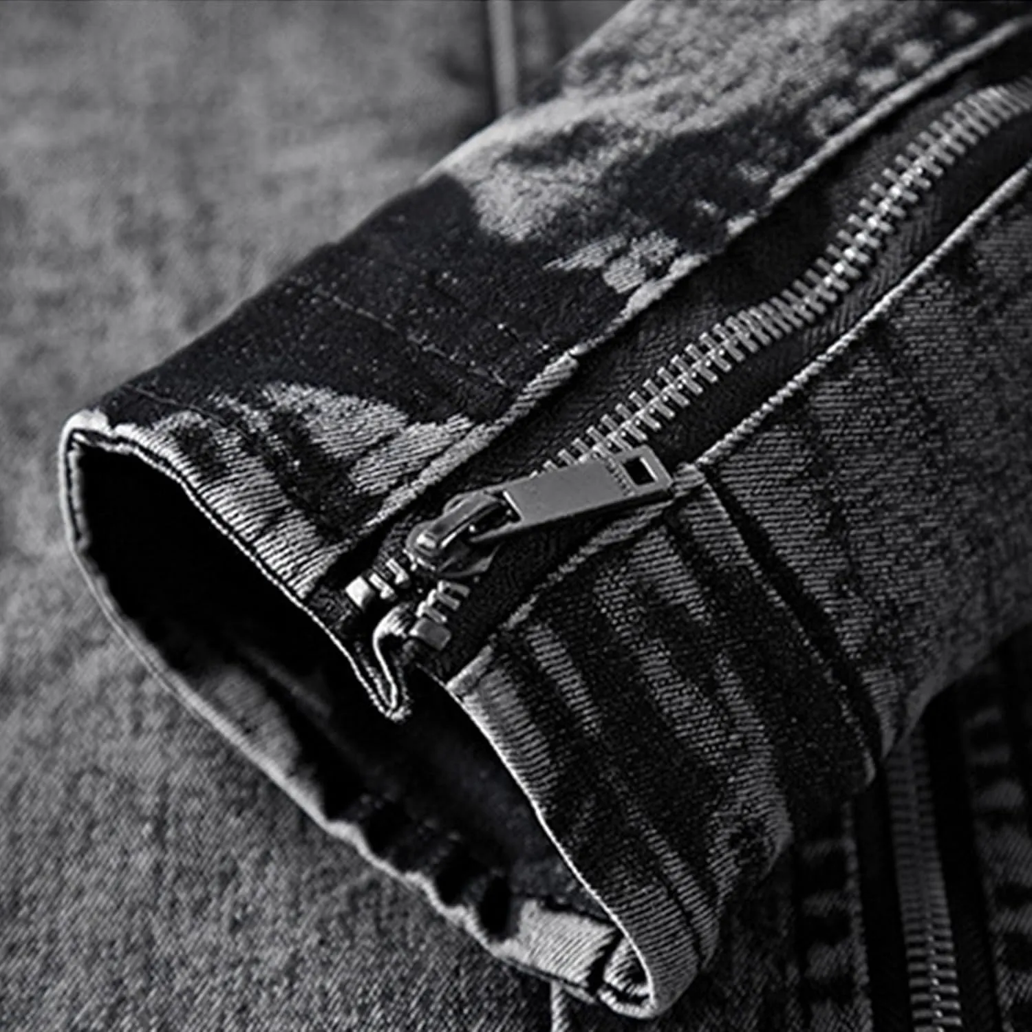Mens Slim Fit Denim Jacket Retro Zip Up Stand Collar Trucker Jacket Long Sleeve Distressed Jean Motorcycle Jacket
