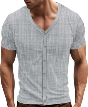 Mens Slim Fit Muscle Cardigans Shirts Sexy V Neck Open Front Button Down Collarless Shirt 2025 Fashion Casual