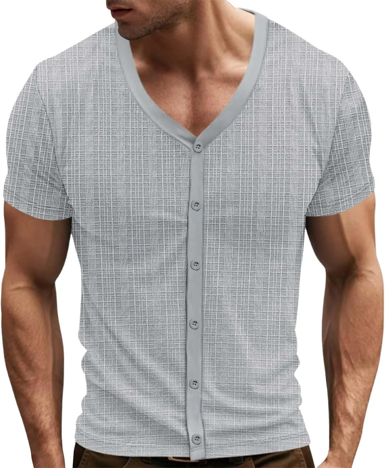 Mens Slim Fit Muscle Cardigans Shirts Sexy V Neck Open Front Button Down Collarless Shirt 2025 Fashion Casual