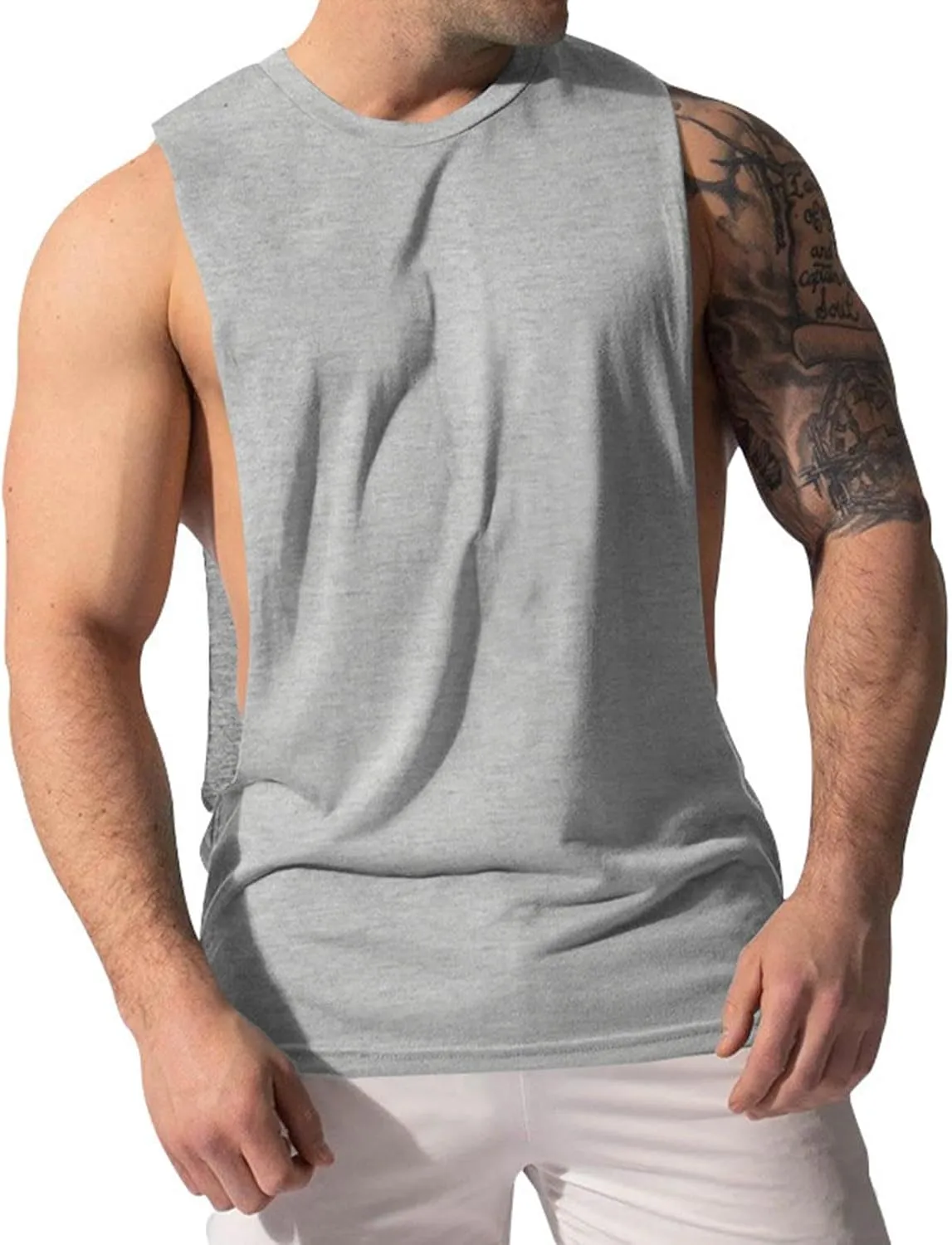 Men's Solid Color Cut Off Muscle Tank Tops, Gym Classic Bodybuilding Sleeveless Workout Shirts Quick Dry Training Tees