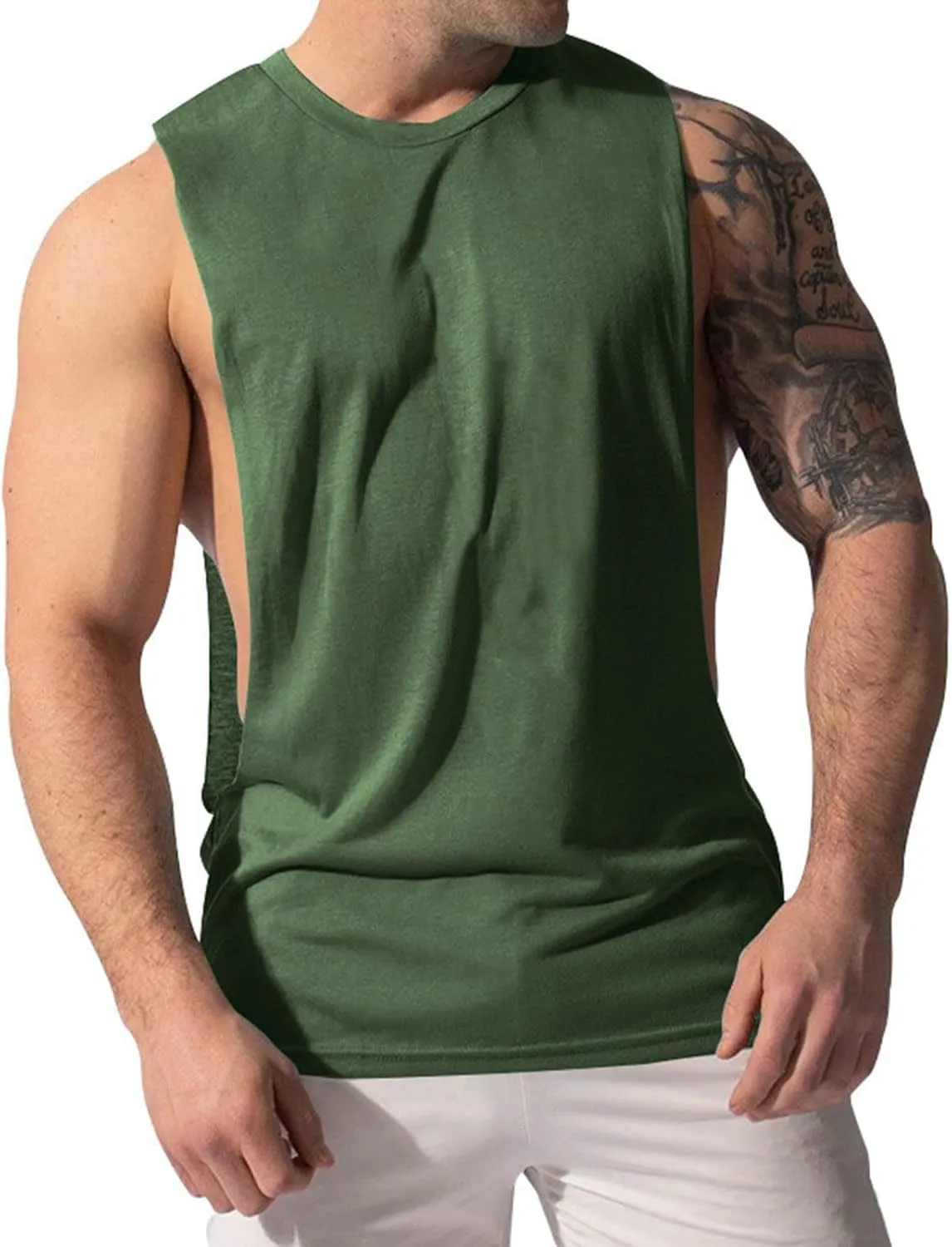 Men's Solid Color Cut Off Muscle Tank Tops, Gym Classic Bodybuilding Sleeveless Workout Shirts Quick Dry Training Tees