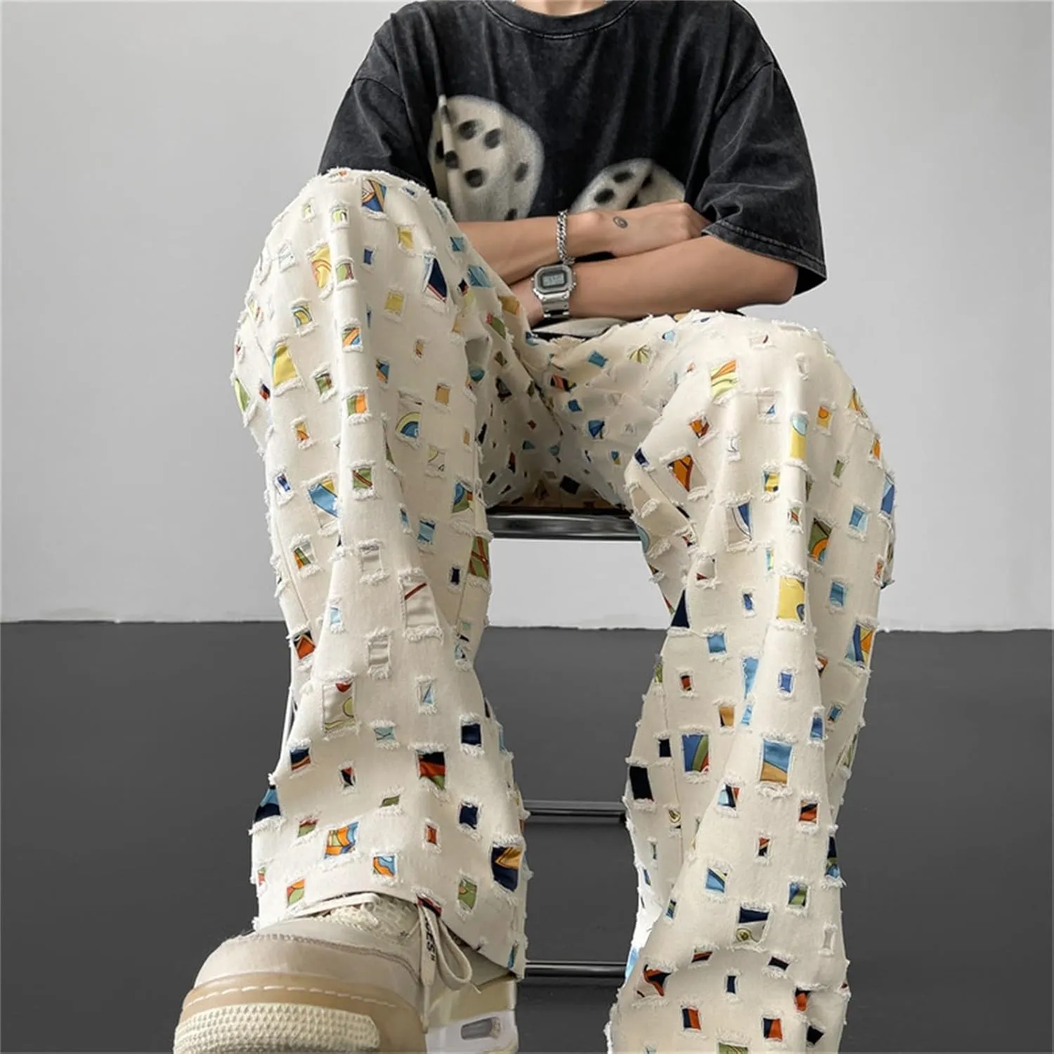 Mens Stacked Sweatpants Open Bottom Casual Fashion Streetwear Fall Trousers Relaxed Fit Straight Leg Pants