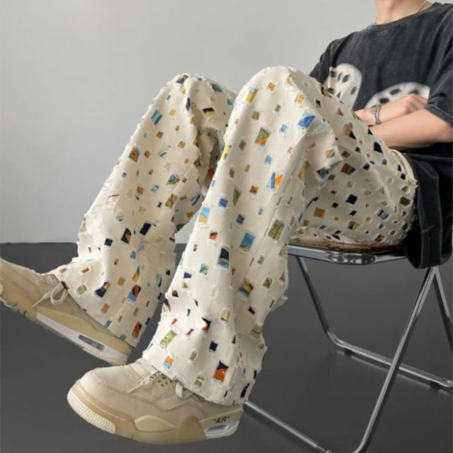 Mens Stacked Sweatpants Open Bottom Casual Fashion Streetwear Fall Trousers Relaxed Fit Straight Leg Pants