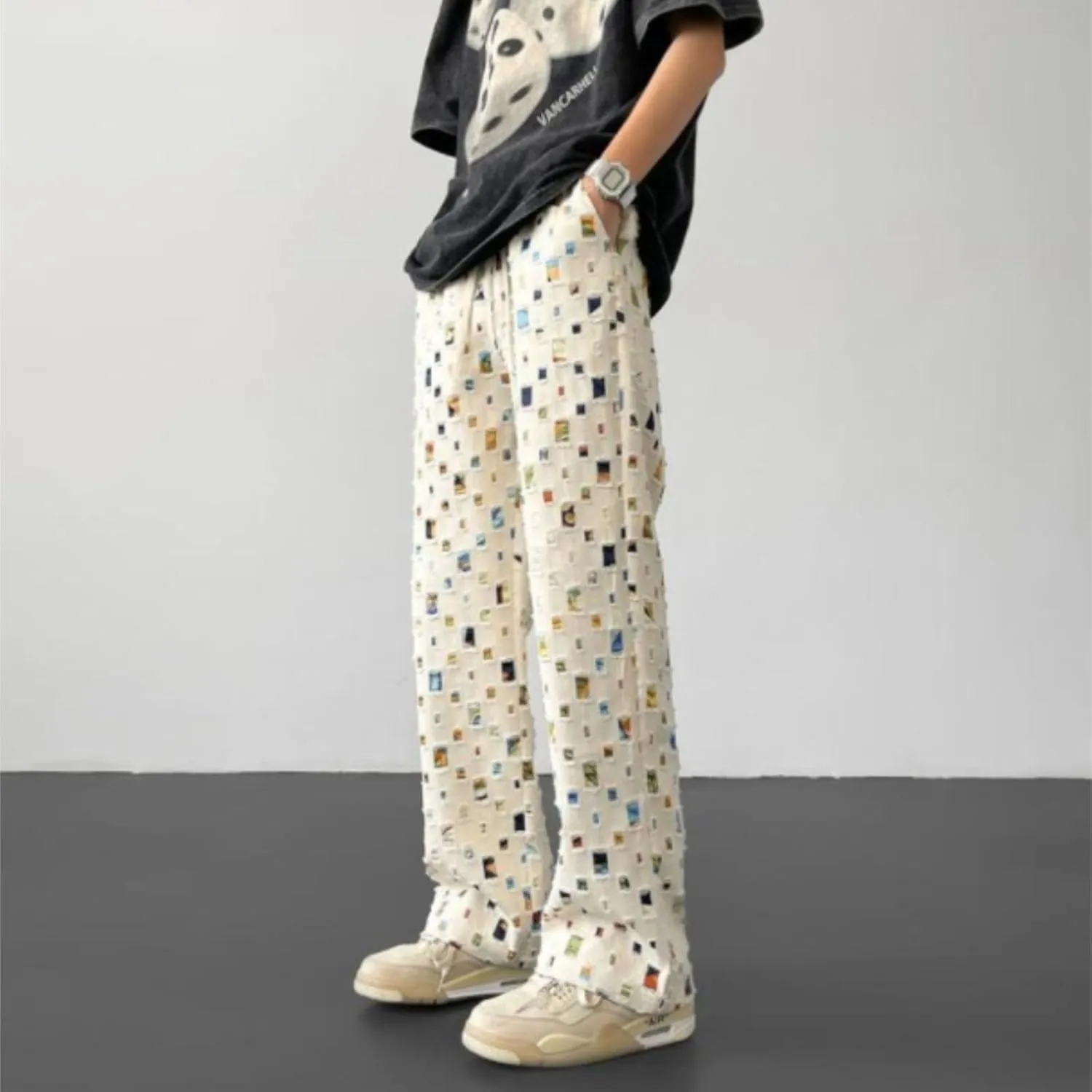 Mens Stacked Sweatpants Open Bottom Casual Fashion Streetwear Fall Trousers Relaxed Fit Straight Leg Pants